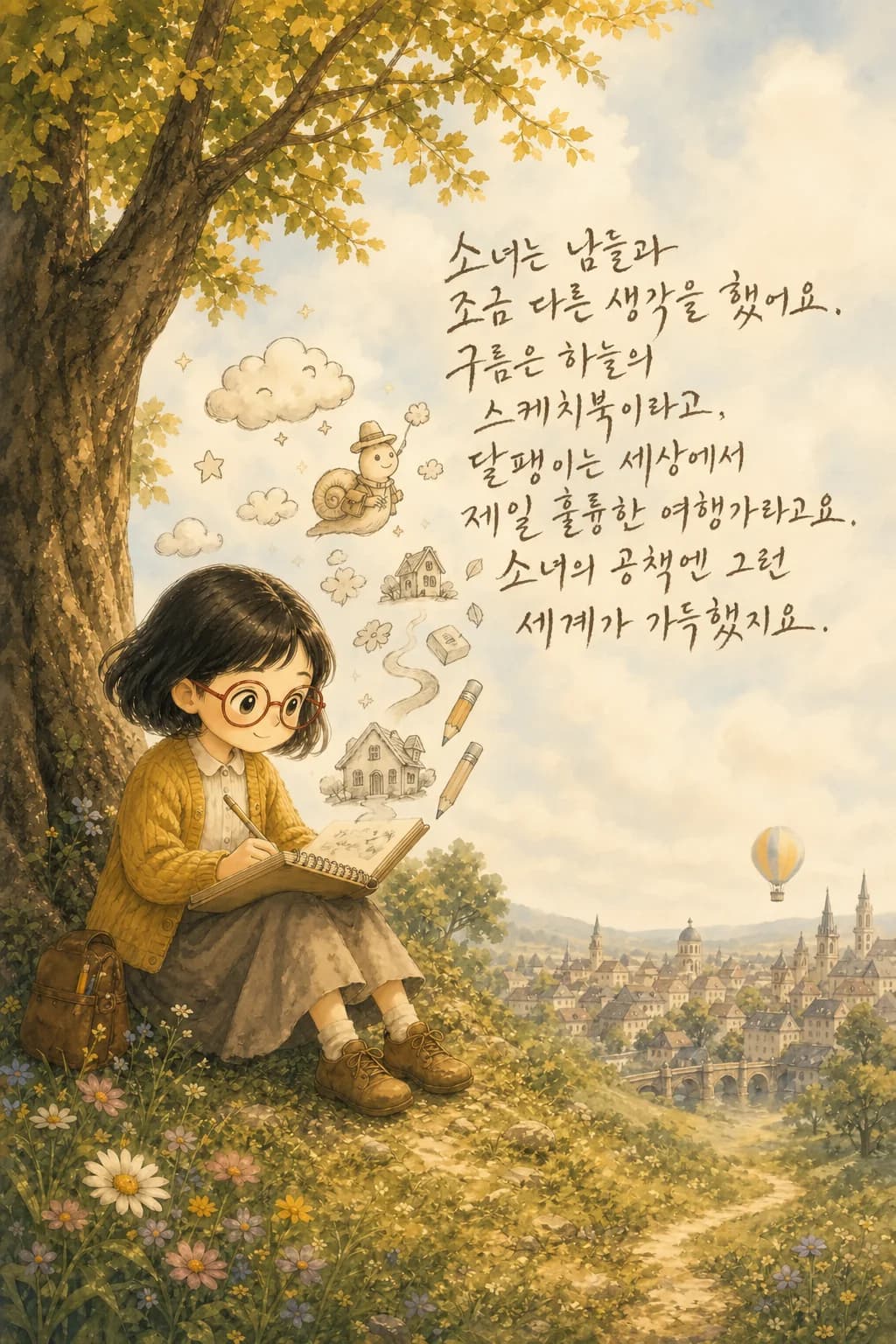 노란 카디건에 빨간 안경을 쓴 공책 소녀