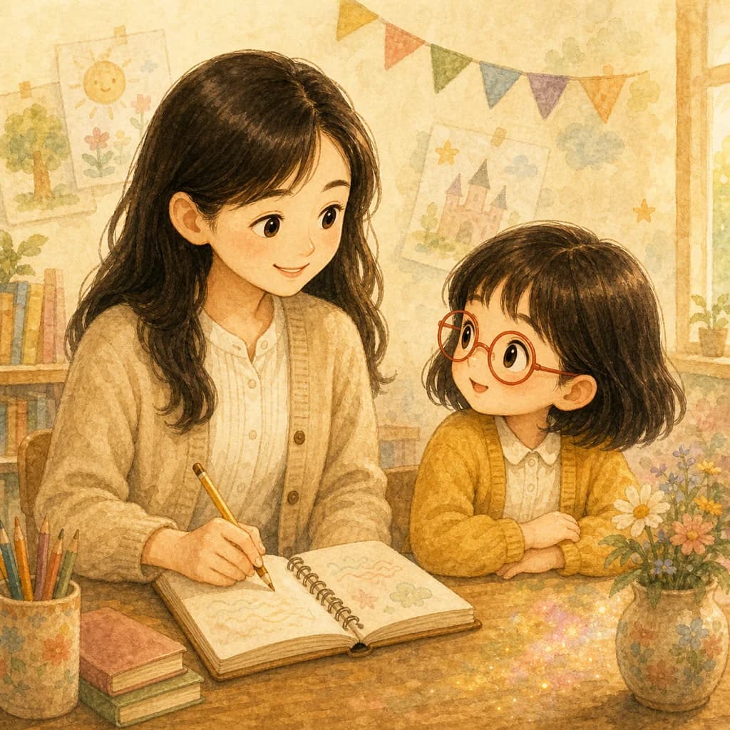 학생 곁에서 이야기를 받아 적는 홍승주 부교사 수채 일러스트